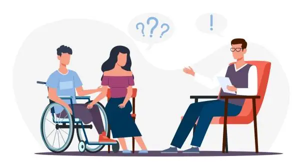 Vector illustration of Mother and her disabled teen son in wheelchair in psychologists office talk about their experiences. Psychologist professional consultation. Cartoon flat isolated illustration. Vector concept