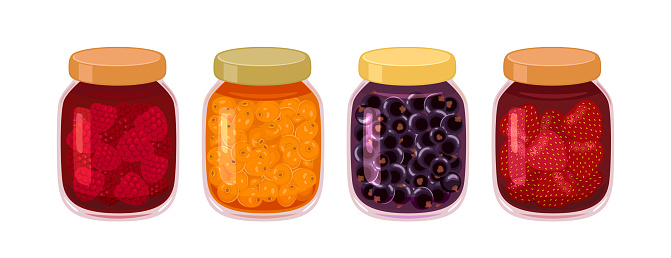 Set of different jam in glass jar. Raspberry, Black currant, Sea buckthorn and Strawberry homemade jelly. Vector flat icon of organic sweets. Healthy food illustration.