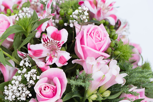 A flower basket made of beautiful flowers heralding spring