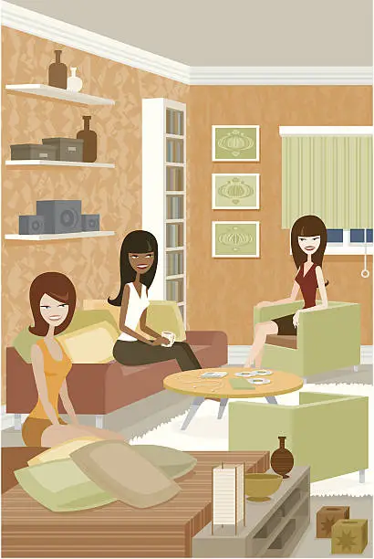 Vector illustration of Group of Women Sitting Around and Talking in Living Room