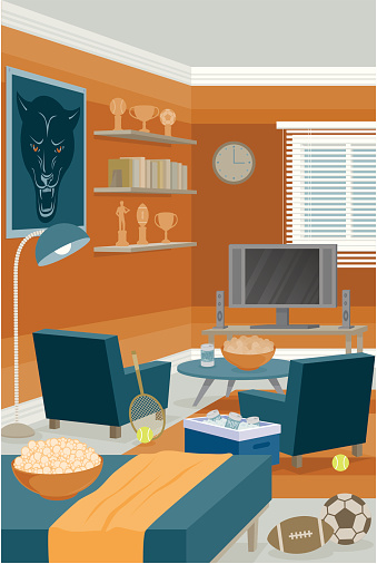 A sports themed room with a football, soccer ball, tennis equipment, and a variety of sporting trophies on the shelf. Gradients were used when creating this illustration.