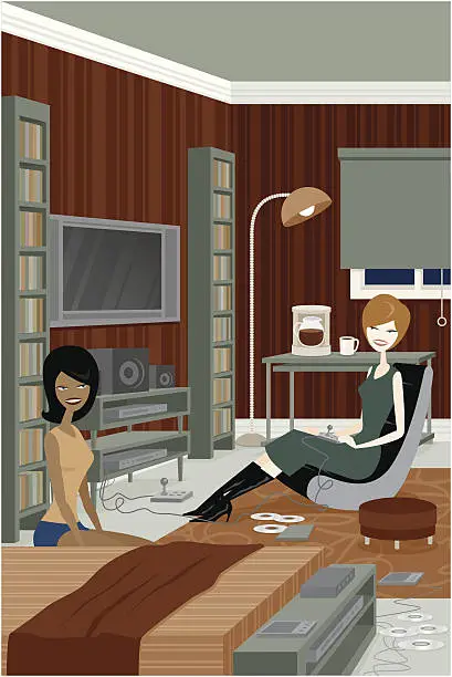Vector illustration of Two Women Playing Video Games and Talking