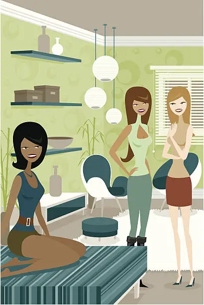 Vector illustration of Three Young Women Talking in Retro Looking Living Room