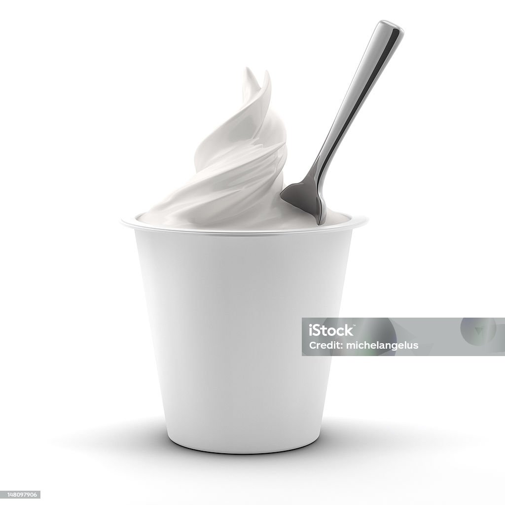 Yogurt render of a yogurt jar with spoon isolated on white background Yogurt Stock Photo