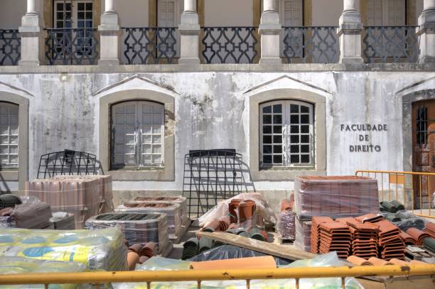 University of Coimbra Portugal Coimbra, Portugal - August 15, 2022: Construction materials stored outside Faculdade de Direito University of Comibra direito stock pictures, royalty-free photos & images