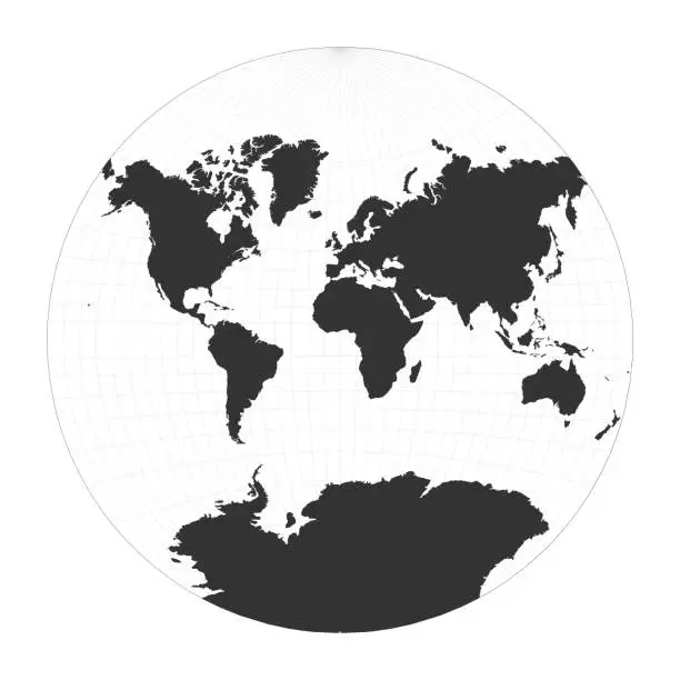 Vector illustration of Map of The World. Van der Grinten projection. Globe with latitude and longitude net. World map on meridians and parallels background. Vector illustration.