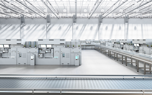Factory interior with 3d rendering empty conveyor line and electric machine
