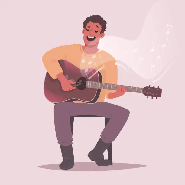 Vector illustration of Guy sings and plays the guitar. The performer of the song performs with a musical instrument