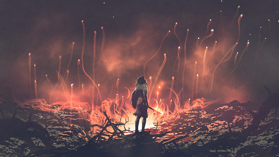 warrior woman standing on the ground of fire watching the spirits float up in the sky., digital art style, illustration painting