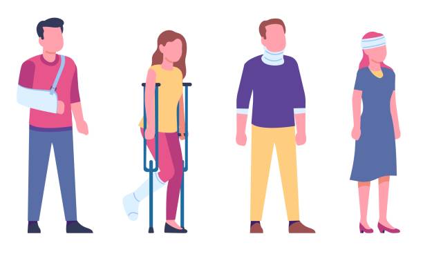 People with injuries, fractures, dislocations. Disabled male or female characters. Orthopedic treatment. Patients rehabilitation. Break bone. Crutches and bandages. Vector medical set People with injuries, fractures, dislocations. Disabled male or female characters. Orthopedic treatment. Patients rehabilitation. Break bone. Crutches and bandages. Trauma recovery. Vector medical set bandage arm stock illustrations