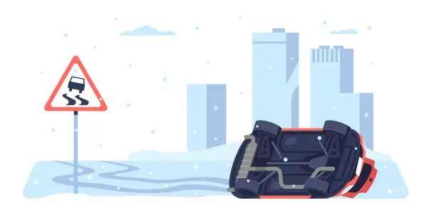 Vector illustration of Car turns over on slippery road. Transport accident. Highway covered by snow. Ice-crusted automobile speedway. Auto transportation. Damaged vehicle. Dangerous traffic. Vector concept