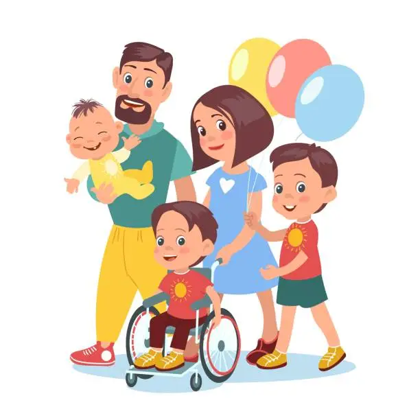 Vector illustration of Happy family with disabled kid. Loving parents. Brother and cute baby. Smiling boy in wheelchair. Native people help and support. Mother and father with children. Splendid vector concept