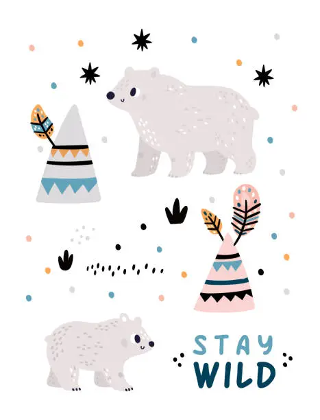 Vector illustration of North animals card. Cartoon white bear and Indian teepee. Wild polar mammal. Northern tribal wigwam. Arctic nature. Winter holiday. Christmas postcard. Vector kids banner Bohemian design