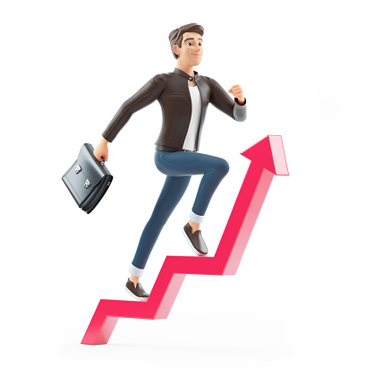 3d cartoon man with briefcase running on growing arrow, illustration isolated on white background