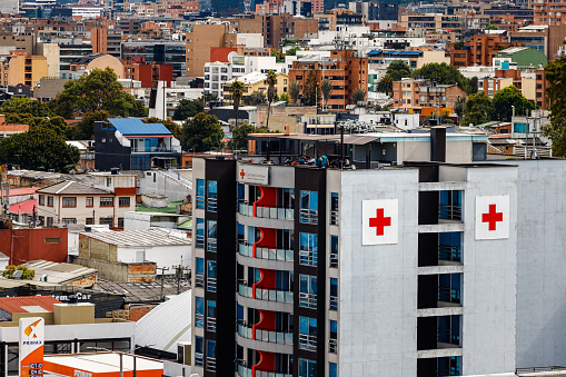 Bogota, Colombia - January 7, 2023: Nurses take a break on the rooftop of the Red Cross building, in the Chapinero neighborhood