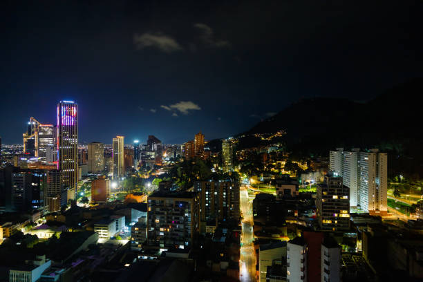 Panoramic night view of skyscrapers of the financial district of Bogota stock photo