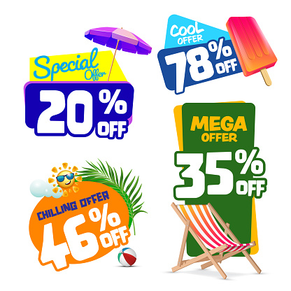 Summer sale offer units with summer elements like parasol, sun, palm leaf, deck chair, parasol and popsicle
