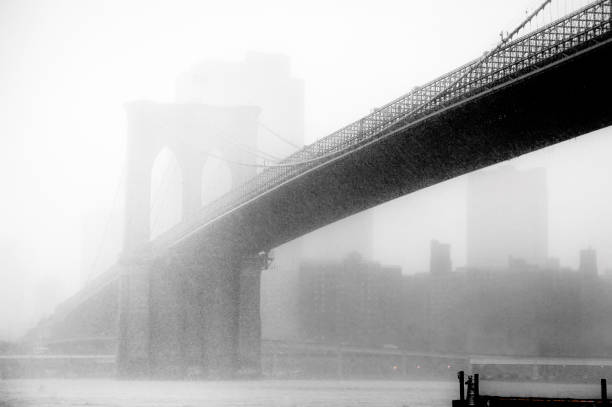 istock Brooklyn Bridge in fog and rain. Low angle perspective. 1480987855