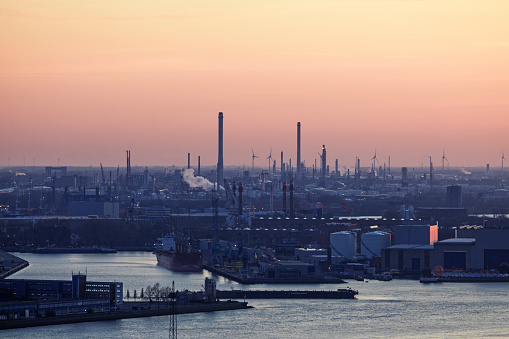 Dutch cityscape view of Rotterdam industrial district