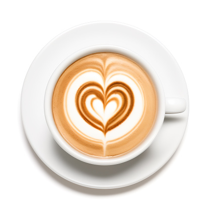 A cup of cappuccino with a drawing of a heart (symbol of love) isolated on white background. Computer generated image with clipping path