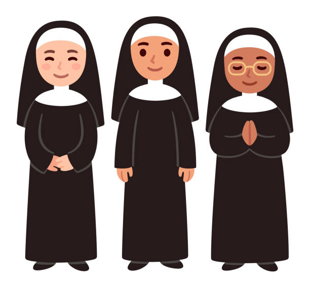 Cute cartoon Catholic nuns Cute cartoon Christian nuns, Catholic school teachers. Simple vector illustration. nun catholicism sister praying stock illustrations