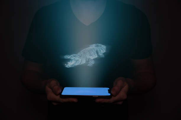 istock A hologram of a crocodile projected onto a cell phone held by a man from the future. 1480992349