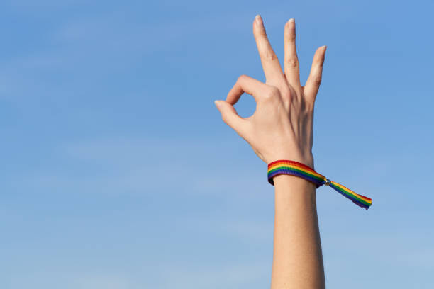 istock Woman's hand okay gesture with LGTB rainbow bracelet for Pride Day 1480992601
