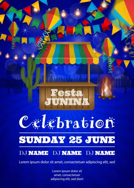 Vector illustration of Festa Junina poster with colorful lanterns and pennants. Brazilian june festival background with wooden stall