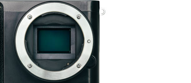 istock Close up macro of APS-C Sensor and lens mount on digital mirrorless camera on white background 1480993751