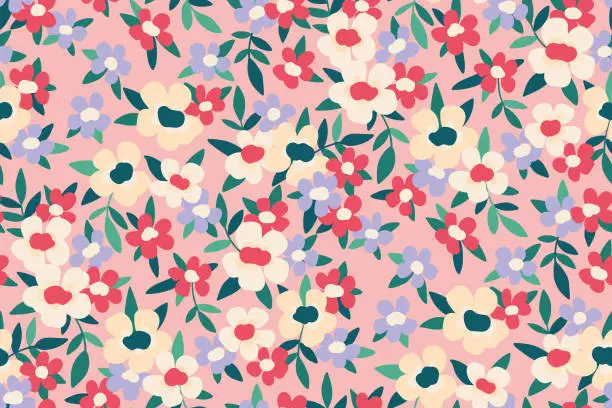 Vector illustration of Seamless floral pattern, cute flower print with spring meadow: small flowers, leaves on a pink background. Vector illustration.