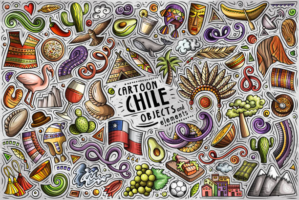Set of Chile traditional symbols and objects vector art illustration