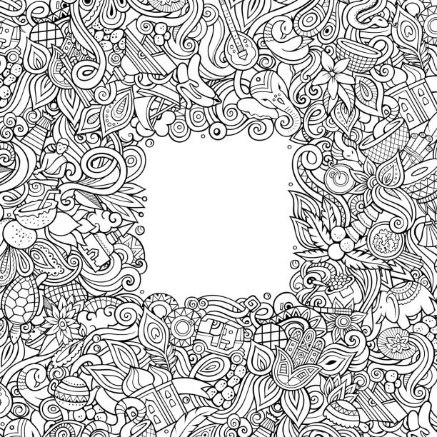 India hand drawn vector doodles illustration. Indian frame card design. India hand drawn vector doodles illustration. Indian frame card design. Funny elements and objects cartoon background. Sketchy border. All items are separated ganesha outline drawing stock illustrations