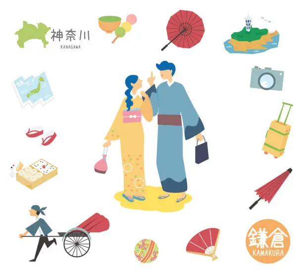 Vector illustration of A set of kimono couples with icons of Kamakura's famous sightseeing in Kanagawa, Japan (flat)