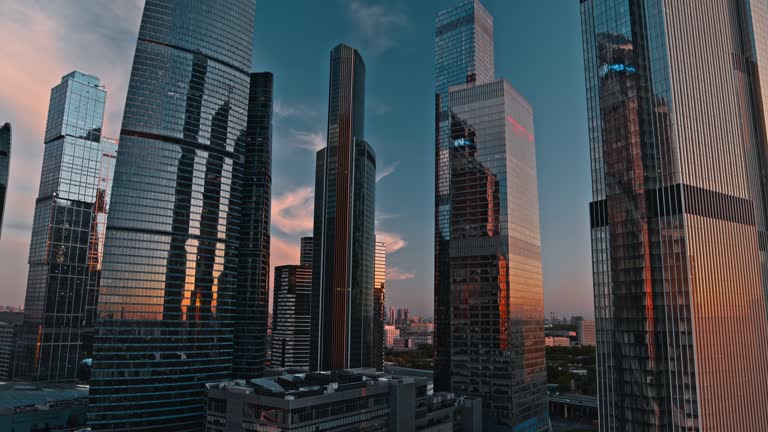 Aerial view of Moscow city and office business buildings.