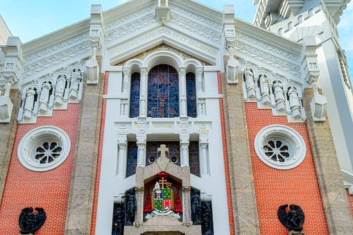 Rio de Janeiro, Brazil - April 4, 2023: Architecture of the Catholic church named Our Lady of Lourdes. The colonial building is an attraction in the city.