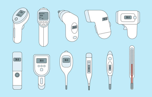 illustrazioni stock, clip art, cartoni animati e icone di tendenza di set di icone del termometro medico piatto. - infrared thermometer