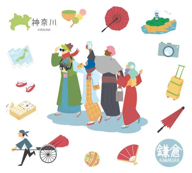 Vector illustration of A set of icons of Kamakura's famous sightseeing in Kanagawa, Japan and foreign tourists (flat)