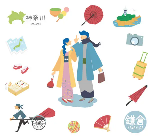 Vector illustration of A set of kimono couples with icons of Kamakura's famous sightseeing in Kanagawa, Japan (flat)