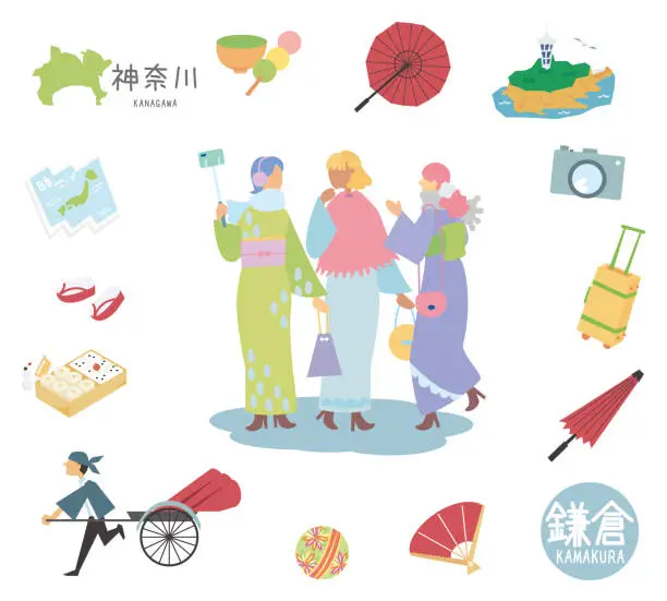 Vector illustration of Set of icons of Kamakura, Kanagawa, Japan's famous sightseeing and female friends in kimono (flat)