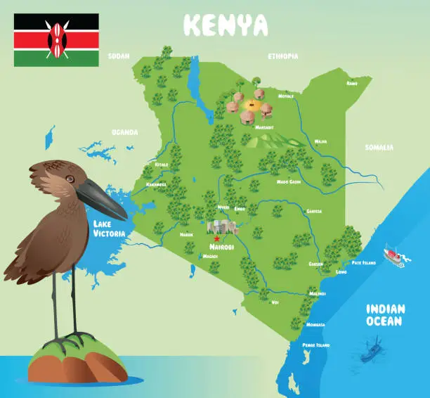 Vector illustration of Hamerkop and Kenya Maps