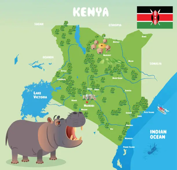 Vector illustration of Hippopotamus and Kenya Maps