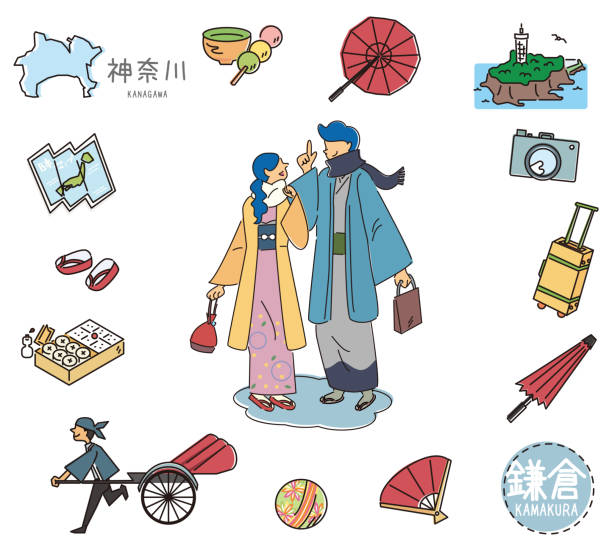 illustrations, cliparts, dessins animés et icônes de un ensemble de couples de kimonos avec des icônes du célèbre tourisme de kamakura à kanagawa, au japon (dessin au trait) - kamakura japan tourist people