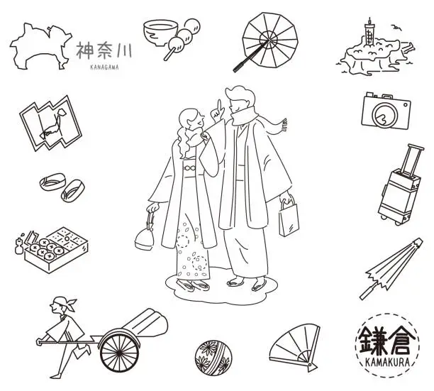 Vector illustration of A set of kimono couples with icons of Kamakura's famous sightseeing in Kanagawa, Japan (line drawing(WB))
