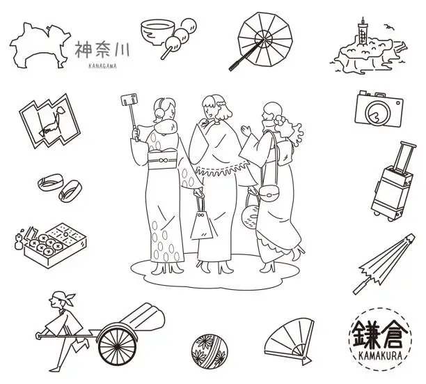 Vector illustration of Set of icons of Kamakura, Kanagawa, Japan's famous sightseeing and female friends in kimono (line drawing(WB))