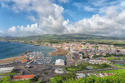 High angle view of Ponta Delgada - San Miguel island, Azores. On sunny day.