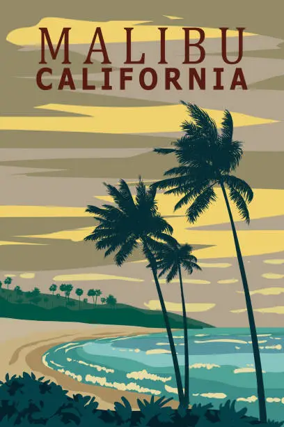 Vector illustration of California Malibu Beach retro travel poster vector