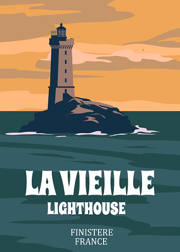 Travel retro poster La Vieille Lighthouse. Vintage vector illustration lighthouse card Brittany France landmark