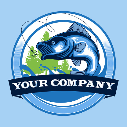 Fishing Logo Badge with Fish and Fishing Rod on the Water