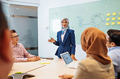 Mature muslim businesswoman with hijab having presentation in front of diverse colleagues