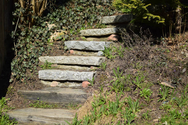 istock Old stone stairs, stairs up, close-up view. 1481007113
